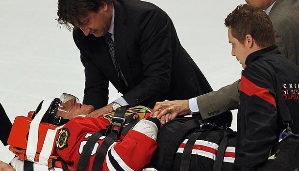 Marian Hossa #81 of the Chicago Blackhawks is moved off of the ice on a stretcher following a collison with Raffi Torres of the Phoenix Coyotes in Game Three of the Western Conference Quarterfinals.