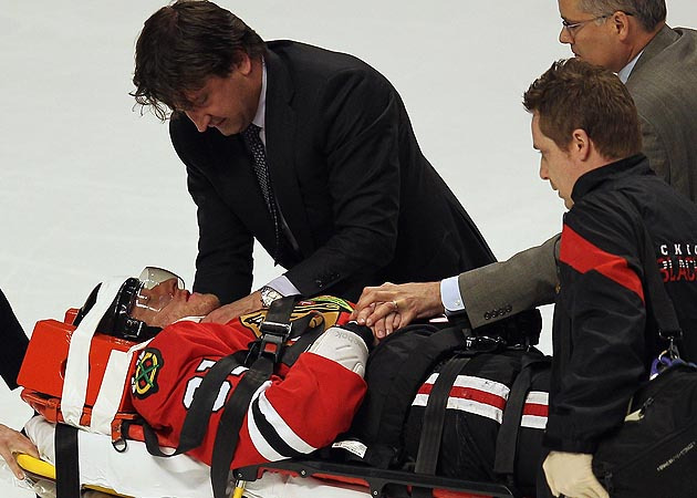 Marian Hossa #81 of the Chicago Blackhawks is moved off of the ice on a stretcher following a collison with Raffi Torres of the Phoenix Coyotes in Game Three of the Western Conference Quarterfinals.
