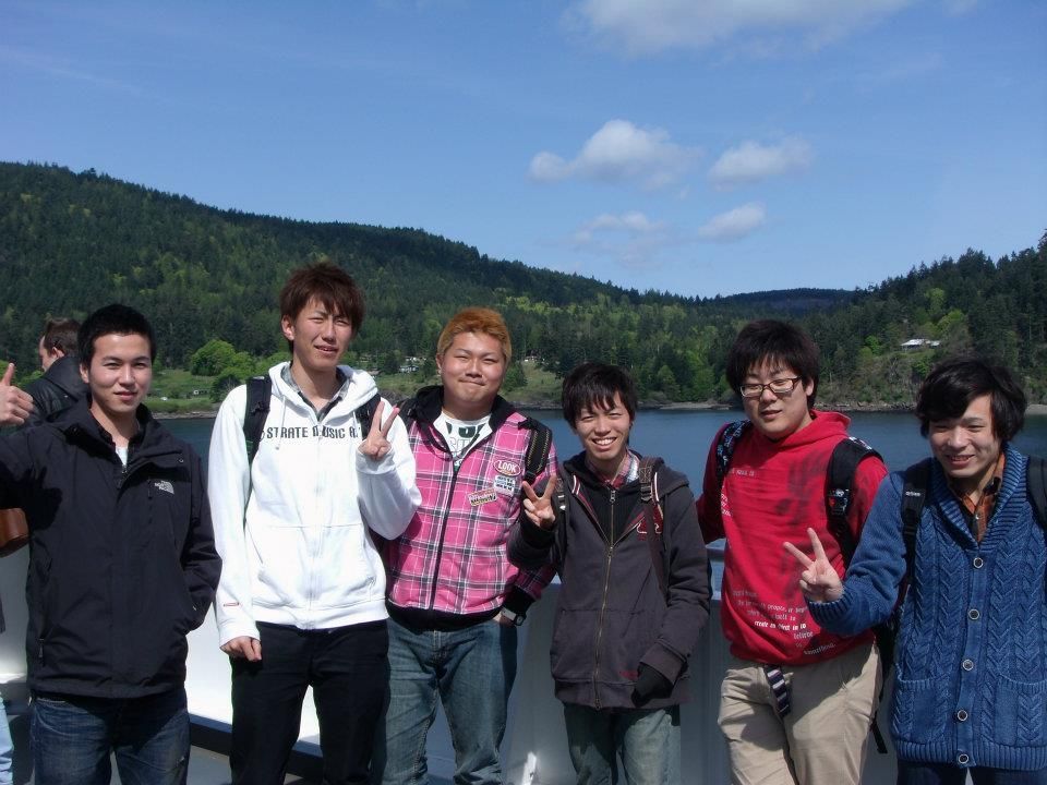 Yuta Kon (far left) with five other Japanese students on board ferry heading to Victoria.