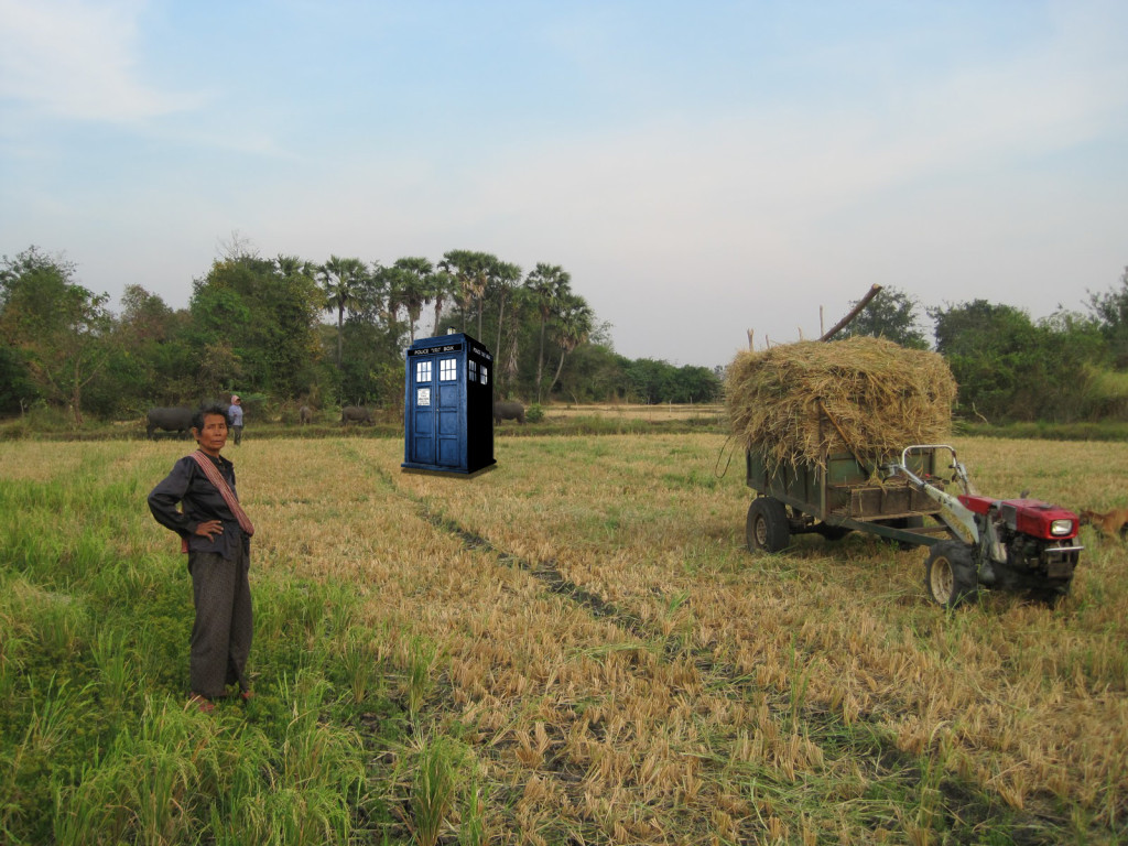 Blue police box lands in the middle of a farmer’s field