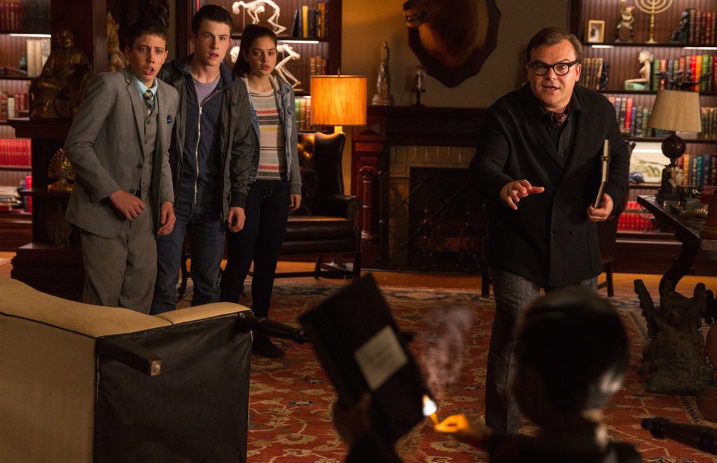 Still of Jack Black, Dylan Minnette, Ryan Lee ad Odeya Rush in Goosebumps (2015)