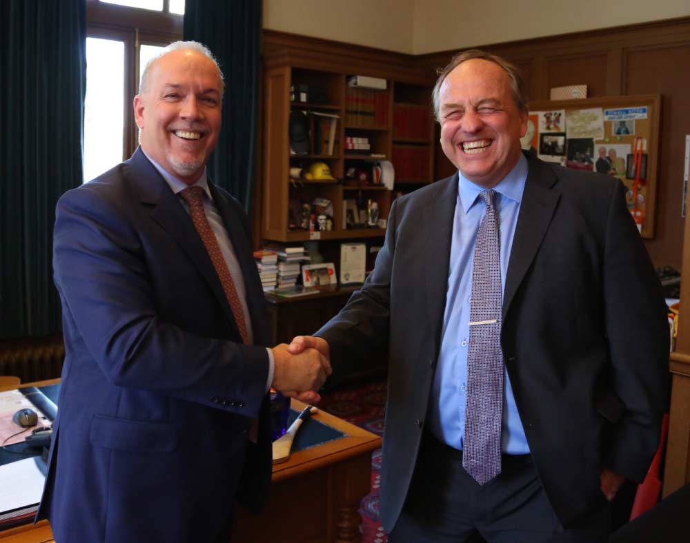 Photo of John Horgan (NDP) & Andrew Weaver (Green) via BC NDP